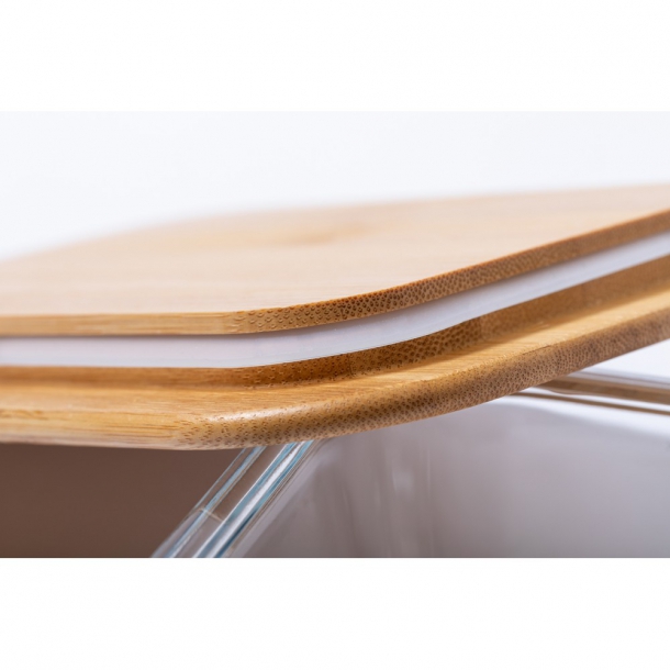 Szklane pudełko śniadaniowe 700 ml, bambusowe wieczko, sztućce