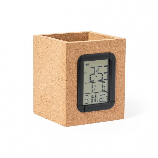 Korkowy pojemnik na przybory do pisania, zegar wielofunkcyjny