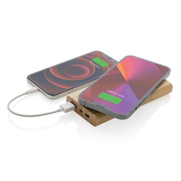 Bambusowy, bezprzewodowy power bank 8000 mAh, ładowarka bezprzewodowa 5W