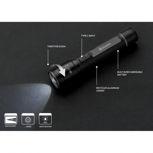Kieszonkowa latarka Gear X, ładowana przez USB, aluminium z recyklingu