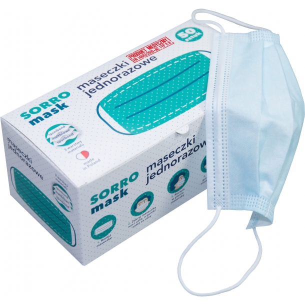 Maseczki medyczne 3-warstwowe SORRO 50 sztuk
